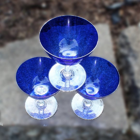 Set of (3) - Cobalt Blue Goblets/ champagne with Clear Stems 5"tall - Picture 3 of 9